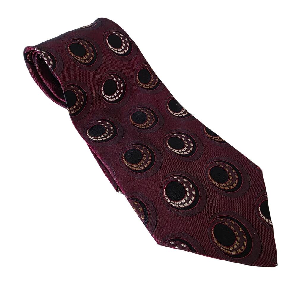 Hugo Boss Silk Tie Burgundy Geometric Circle Pattern Italy Designer Neck Tie